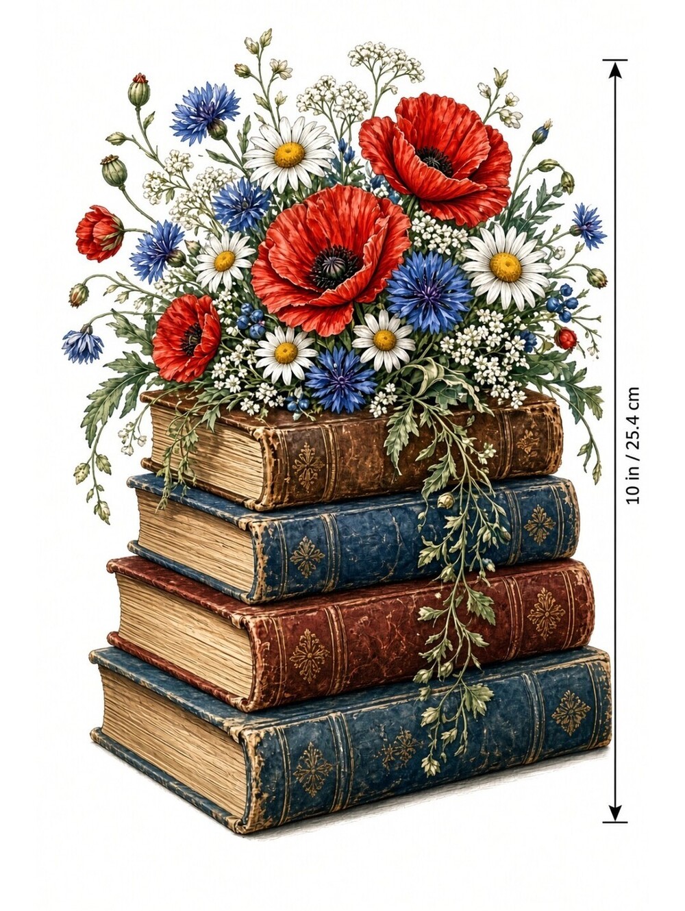 4pcs 10in Floral Antique Book Stack Poppy DTF Transfer